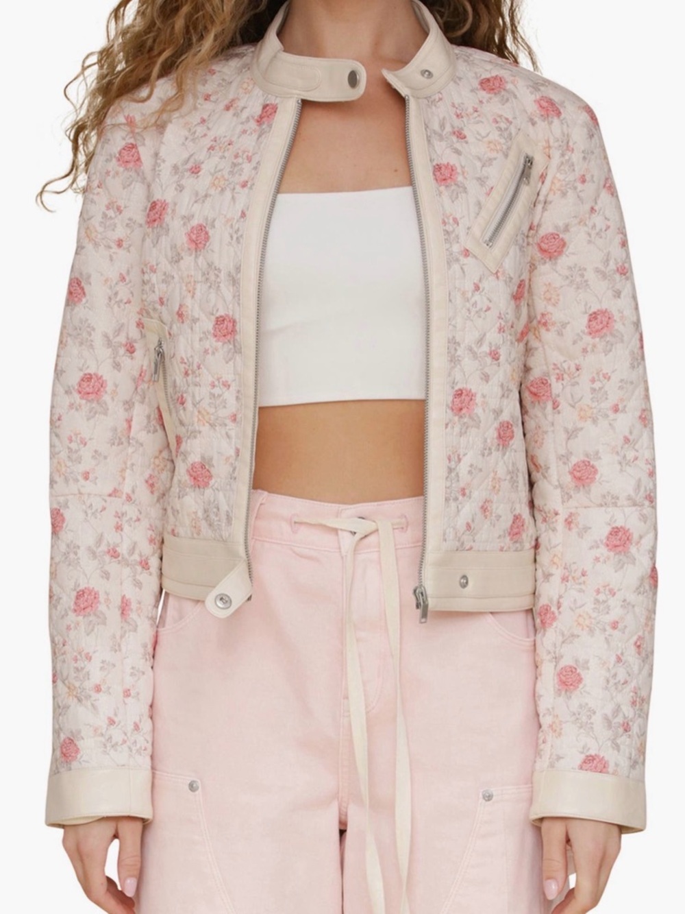 NWT Avec Les Filles Floral Quilted Faux-Ever Leather™
Trim Crop Moto Jacket